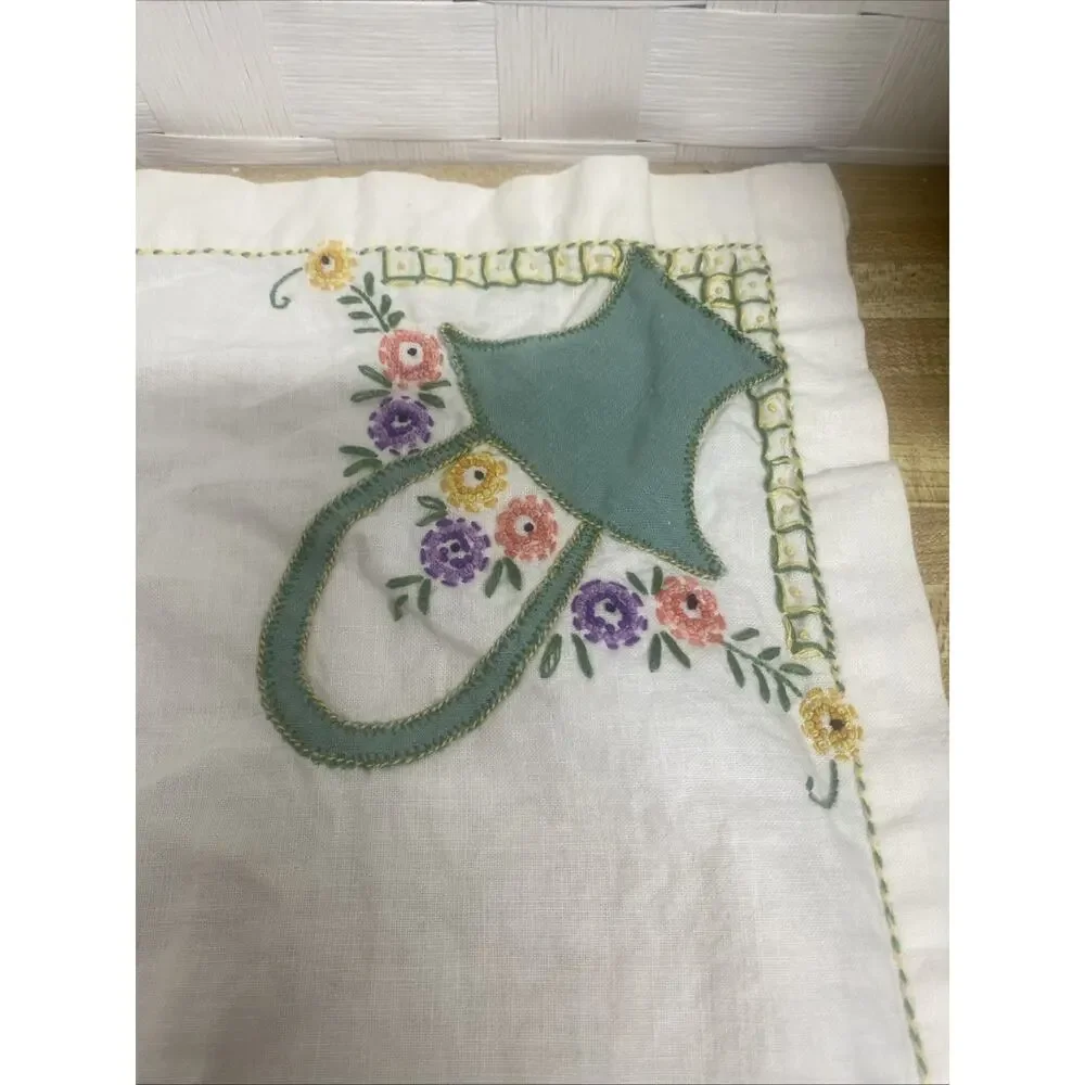 Vintage Hand Embroidered Cotton Linen Tablecloth European 32” Square